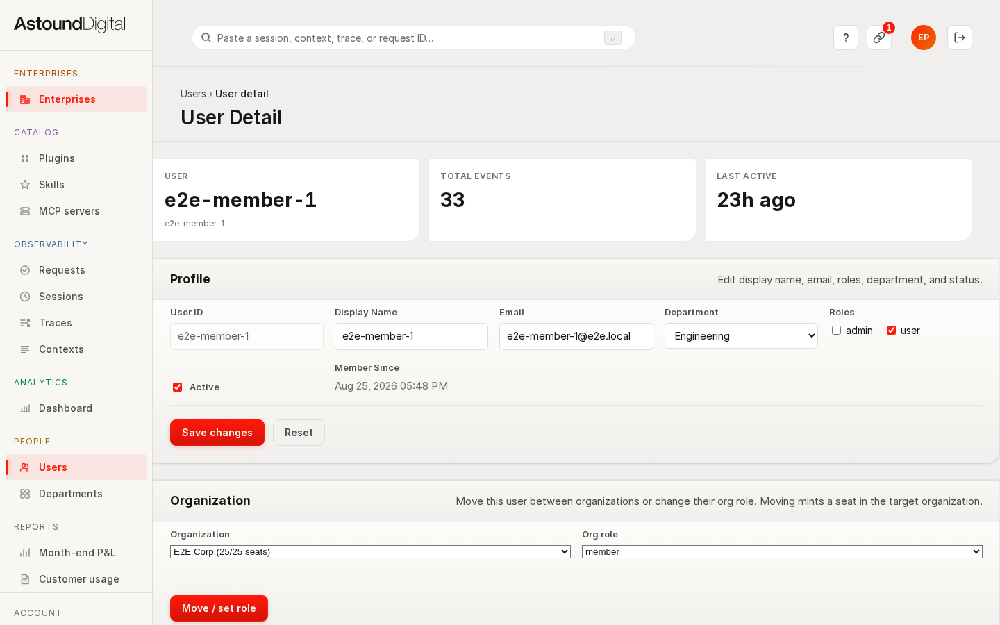 A user detail page showing role editing and session/PAT revocation