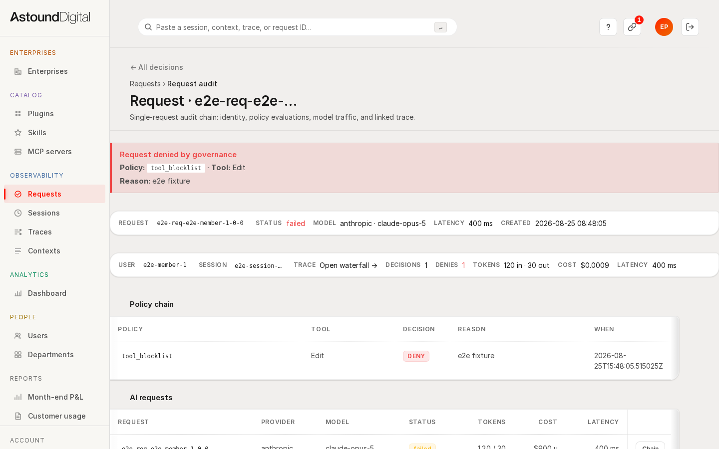 A policy denial landing in the same audit chain as the request, with the policy named