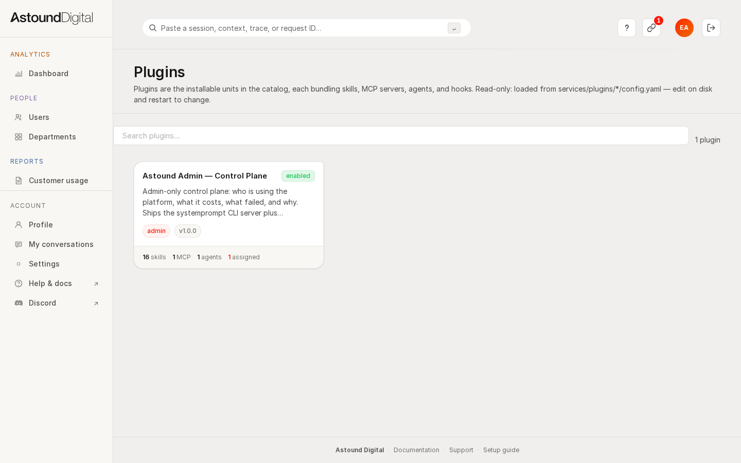The plugin catalog listing centrally-managed bundles