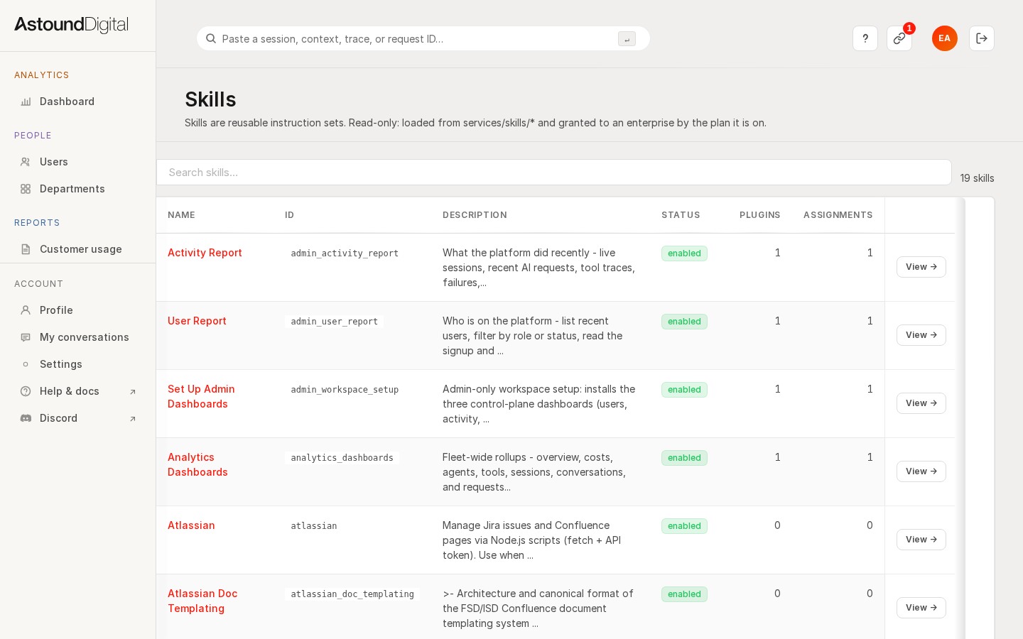 The skills catalog listing distributable skill entries