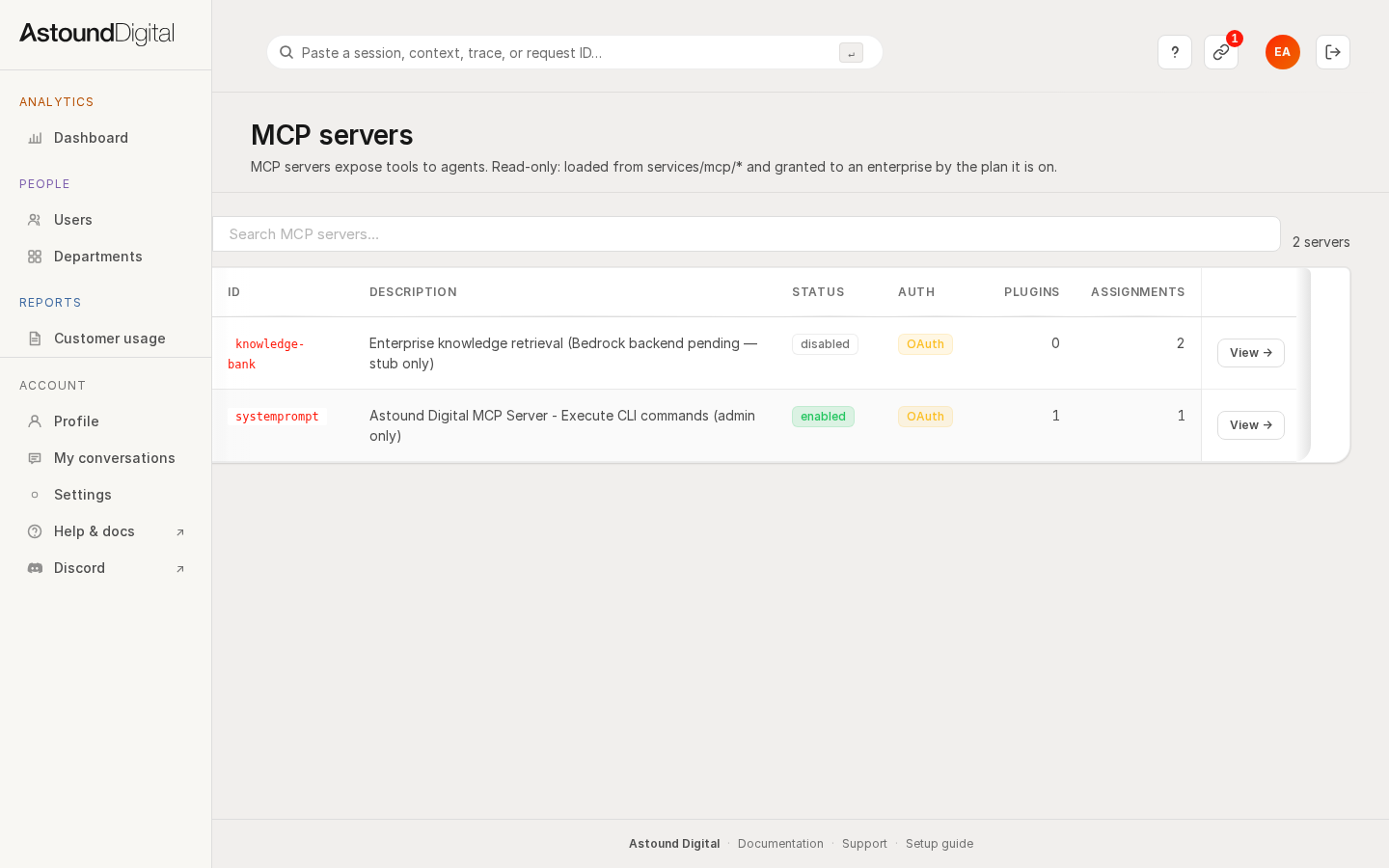 The MCP server catalog with the systemprompt server registered and its admin scope visible